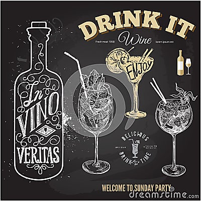 Hand drawn sketch set of alcoholic cocktails. Vector illustration Vector Illustration