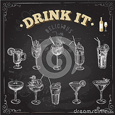 Hand drawn sketch set of alcoholic cocktails. Vector illustration Vector Illustration