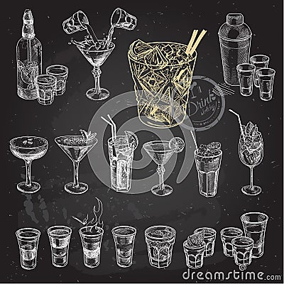 Hand drawn sketch set of alcoholic cocktails. Vector illustration Vector Illustration