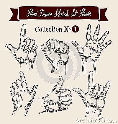 Hand drawn sketch set hands gestures. Vector Vector Illustration