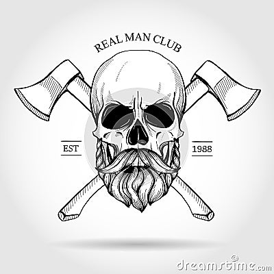 Hand drawn sketch, skull with axes Vector Illustration