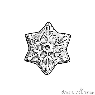 Hand drawn sketch snowflake star icing decorated. Traditional Christmas cookie. Vector Illustration