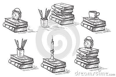 Hand drawn sketch stack books set clock pen and candle isolated on white background vector Vector Illustration