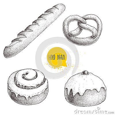 Hand drawn sketch style bakery goods illustrations set isolated on white background. Fresh salted pretzel, french baguette, iced c Vector Illustration