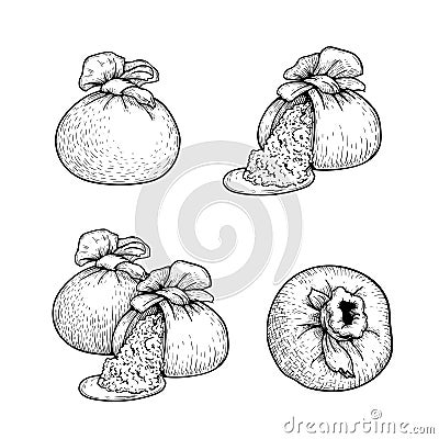 Hand drawn sketch style burrata cheese set. Traditional Italian soft cheese. Single, in group and top view. Vector illustrations Vector Illustration