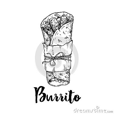 Hand drawn sketch style burrito wrap with meat pieces in paper package. Traditional Mexican cuisine illustration. Fast food. Stree Vector Illustration