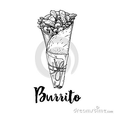 Hand drawn sketch style burrito wrap with meat pieces in paper package. Traditional Mexican cuisine illustration. Fast food. Stree Vector Illustration