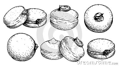 Hand drawn sketch style Italian Bombolone set. Baked with chocolate and white cream inside. Traditional Italian desserts. Vector Illustration