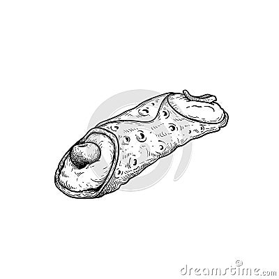 Hand drawn sketch style Italian dessert cannoli. Fried sweet pastry and ricotta cheese cream. Cherry and fruit decorated. Traditio Vector Illustration