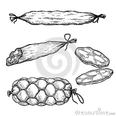 Hand drawn sketch style sausages set. Engraved meat food. Ham and salami slices. Butchery products collection. Tasty meal. Vector Illustration