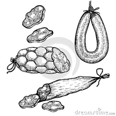 Hand drawn sketch style sausages set. Engraved meat food. Ham and salami slices. Butchery products collection. Tasty meal. Vector Illustration