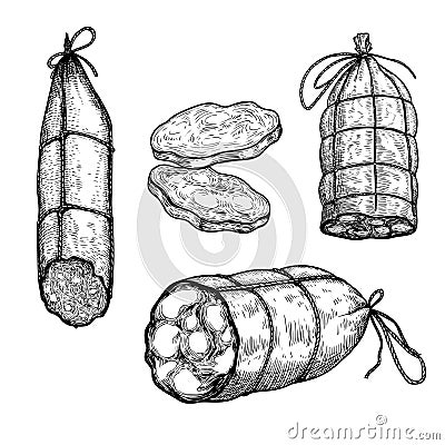 Hand drawn sketch style sausages set. Engraved meat food. Ham and salami slices. Butchery products collection. Tasty meal. Vector Illustration