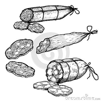 Hand drawn sketch style sausages set. Engraved meat food. Ham and salami slices. Butchery products collection. Tasty meal. Vector Illustration