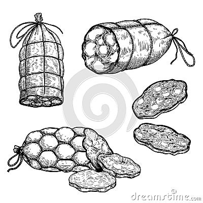 Hand drawn sketch style sausages set. Engraved meat food. Ham and salami slices. Butchery products collection. Tasty meal. Vector Illustration