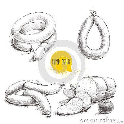 Hand drawn sketch style sausages set. Organic meat food. Vector Illustration