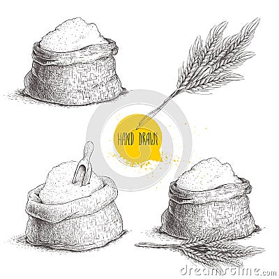 Hand drawn sketch style set of sacks with whole flour and wheat bunch Vector Illustration