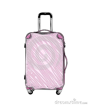 Hand drawn sketch of suitcase in pink color isolated on white background. Detailed vintage style drawing. Vector Vector Illustration