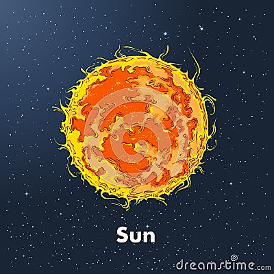 Hand drawn sketch of the sun in color, against a background of space. Detailed drawing in the style of vintage. Vector Vector Illustration