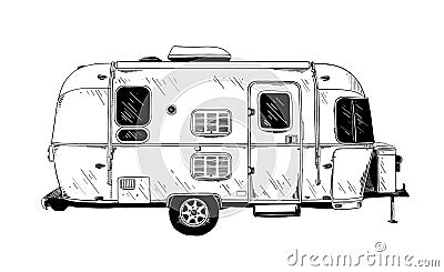 Hand drawn sketch of trailer in black isolated on white background. Detailed vintage etching style drawing. Vector Illustration