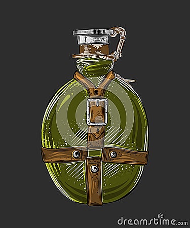 Hand drawn sketch of travel flask in green color isolated on gray background. Detailed vintage style drawing. Vector Vector Illustration