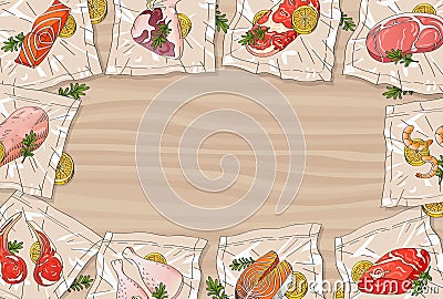 Hand drawn sketch Vacuum-packed meats lie around the table top view Vector Illustration