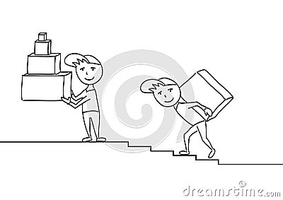 Hand drawn sketch vector illustration, delivery men with boxes Vector Illustration