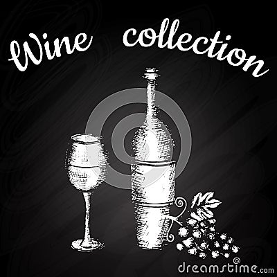 Hand drawn sketch of wine symbols on blackboard Vector Illustration