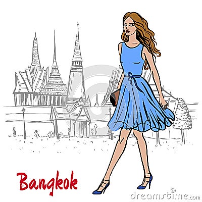 Woman near Grand Palace and Wat Prakeaw Vector Illustration