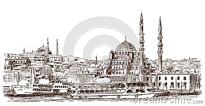 Hand drawn sketch of the world famous Blue mosque, Istanbul in illustration. Cartoon Illustration