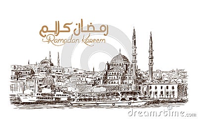 Hand drawn sketch of the world famous Blue mosque Istanbul in illustration. Cartoon Illustration