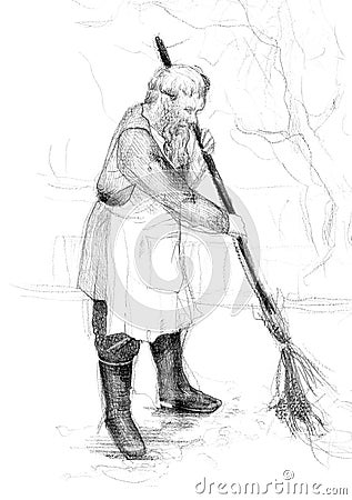 Hand drawn sketch of yardman with besom Stock Photo