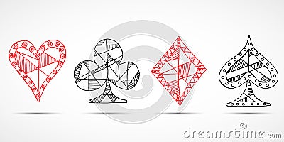 Hand drawn sketched Playing cards, poker, blackjack symbol, background, doodle hearts diamonds spades and clubs symbols Vector Illustration