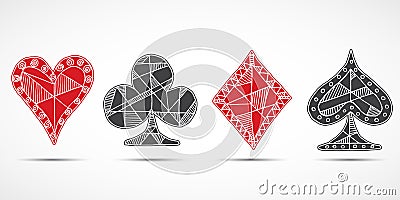 Hand drawn sketched Playing cards, poker, blackjack symbol, background, doodle hearts diamonds spades and clubs symbols Vector Illustration