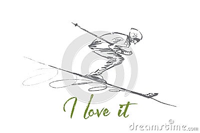 Hand drawn skier rolling down with lettering Vector Illustration