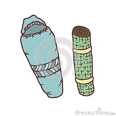 Hand drawn sleeping bag and karemat, sketch colored vector illustration Vector Illustration