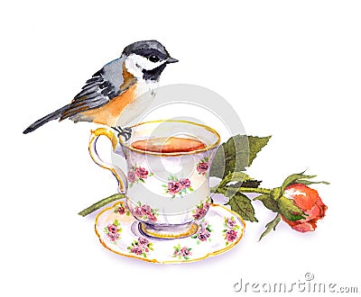 Hand drawn small watercolor bird on tea cup and rose flower Stock Photo