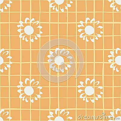 Hand drawn small yellow flowers seamless pattern on stripe background. Vector Illustration