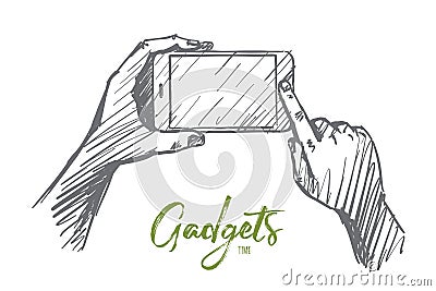 Hand drawn smartphone in human hands, lettering Vector Illustration