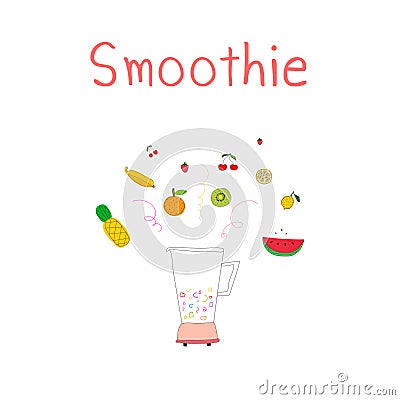 Hand drawn smoothies set includes pineapple, strawberry, banana, kiwi, tangerine, lemon and cherry. Blender with fruits. Vector Illustration