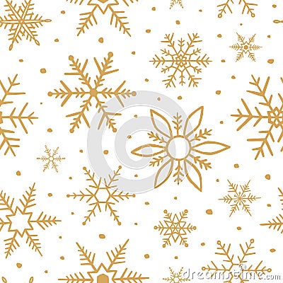 Hand drawn snowflake doodle seamless pattern. Delicate golden winter background. Beautiful texture abstract snow backdrop. Sketch Cartoon Illustration