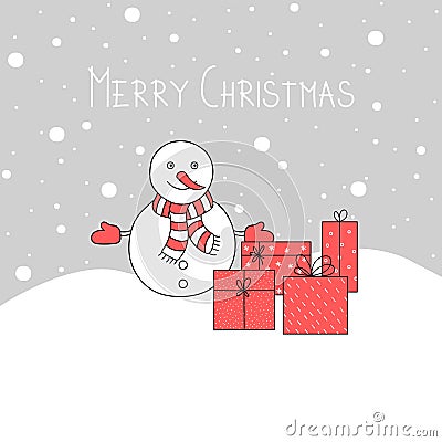 Hand-drawn snowman in a red scarf with gift boxes, snow falls. Vector Illustration