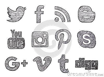 Hand drawn social media buttons Vector Illustration