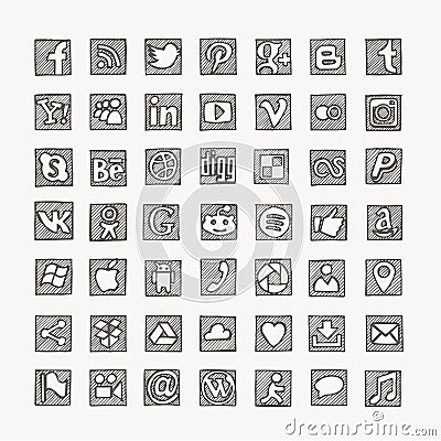 Hand drawn social media network icons. Vector Illustration