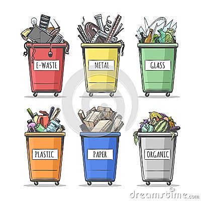 Hand Drawn Sorted Trash Can Set Vector Illustration