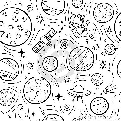 Hand drawn space banner template. Space doodle Vector illustration with cartoon rocket, planets, stars. Universe for your design. Cartoon Illustration