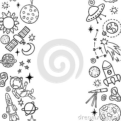 Hand drawn space banner template. Space doodle Vector illustration with cartoon rocket, planets, stars. Universe for your design. Cartoon Illustration