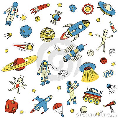 Hand drawn space objects astronaut, spaceship, alien, satellite, rocket, universe, spaceman Cartoon Illustration