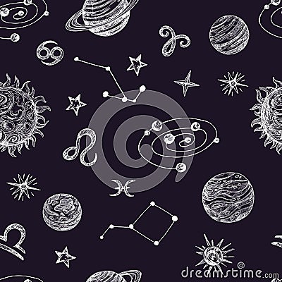 Hand drawn space with stars, planets and moon. Doodle night sky vector seamless pattern Vector Illustration