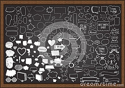 Hand drawn speech balloons with wedding party elements on chalkboard. Vector Illustration