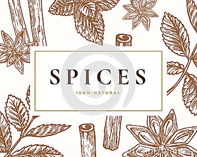 Hand Drawn Spices Illustration Card. Abstract Vector Anise, Cinnamon and Mint Sketch Background with Classy Retro Vector Illustration